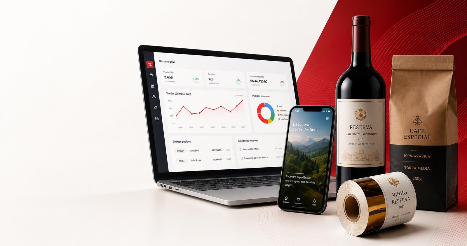Notebook com sistema, celular, vinho, café e rótulos GSB2