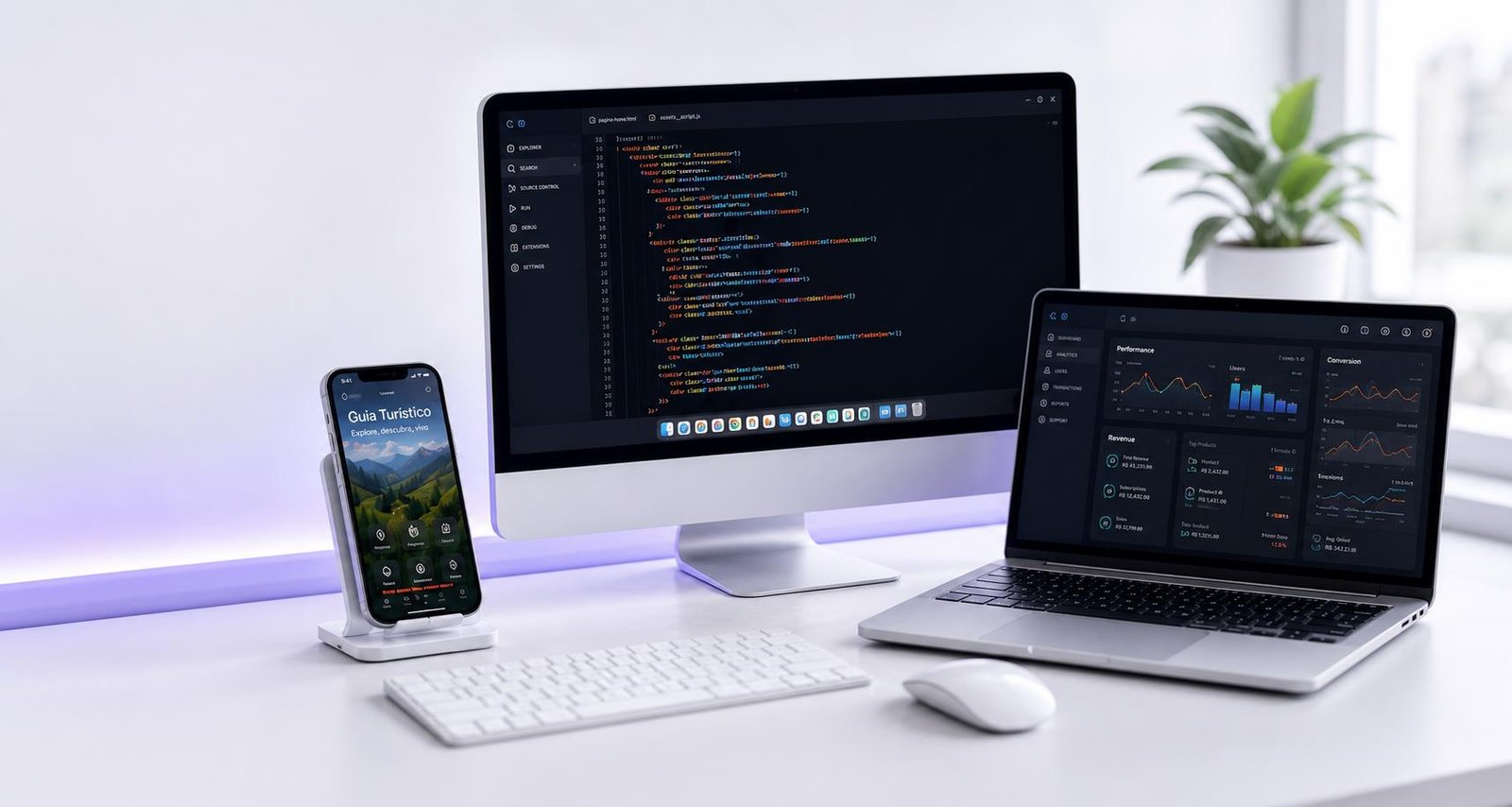 Ambiente tecnológico com código, dashboard e aplicativo